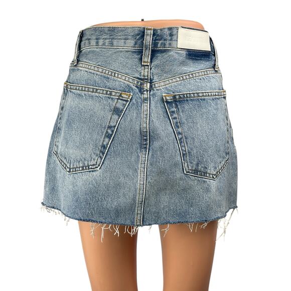 Re/Done Women's Blue HIgh Waist Frayed Raw Hem Mini A-Line Denim Jeans Skirt 25 - Picture 2 of 4